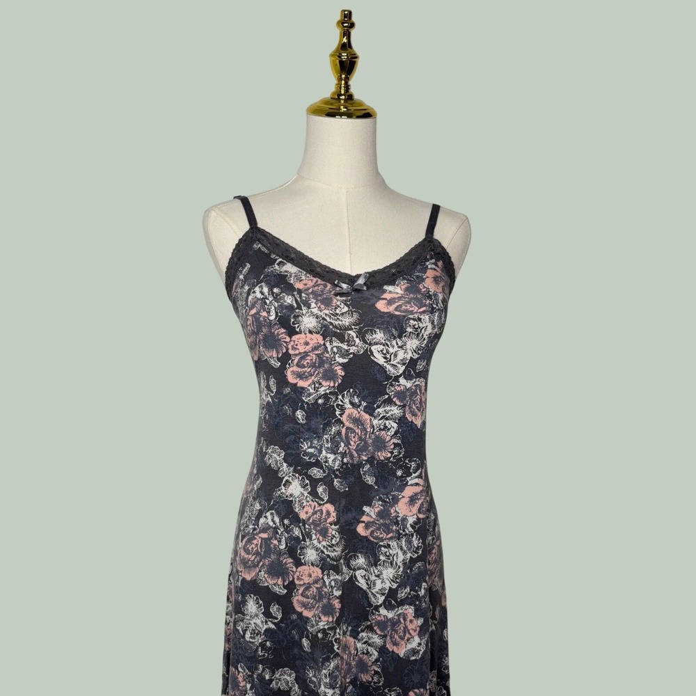 kathy ireland sleepwear sleep dress lace bow gray pink floral cottage dainty y2k